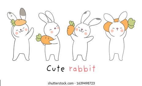 Draw character design collection rabbit with carrot for spring season.Doodle cartoon style.