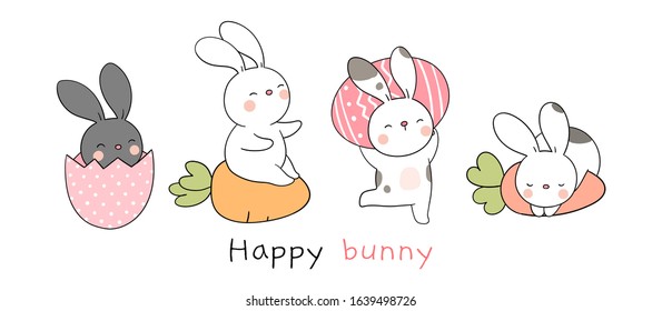 Draw character design collection rabbit on white For spring.Doodle cartoon style.