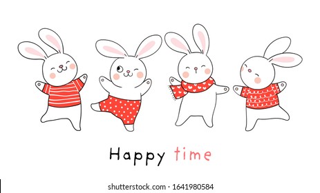 Draw character design collection rabbit on white.Doodle cartoon style.