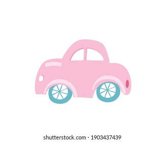 Draw character design cute beautiful pink pastel car. Isolated on white. Doodle cartoon style Valentines car. Vector Illustration.