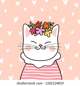 Draw character design cute cat with flower on head on little heart background.Doodle cartoon style.