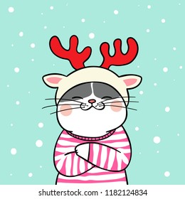 Draw character design cute cat with beauty sweater in snow for winter season.Doodle cartoon style.