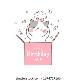 Draw character design cute cat in pink box and cupcake on head for birthday.Doodle cartoon style.