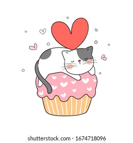 Zeichnen Sie Charakter Design süße Katze schlafen auf Cupcake und rotes Herz auf dem Kopf zum Geburtstag.Doodle Cartoon Stil.