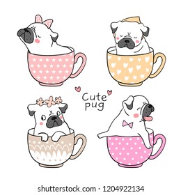 Draw character design cute pug dog in cup of tea.Isolated on white Doodle cartoon style.