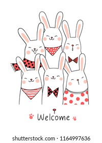 Draw character design cute rabbit with word welcome.Doodle cartoon style.