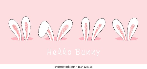 Draw character design cute rabbit in hole on pink color.For Easter day.Doodle cartoon style.