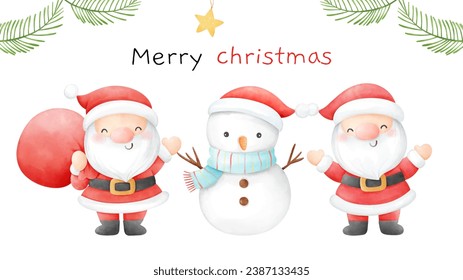 Zeichnen Sie Charakter Design süße Santa Claus mit Schneemann für Weihnachten und Winter Aquarell