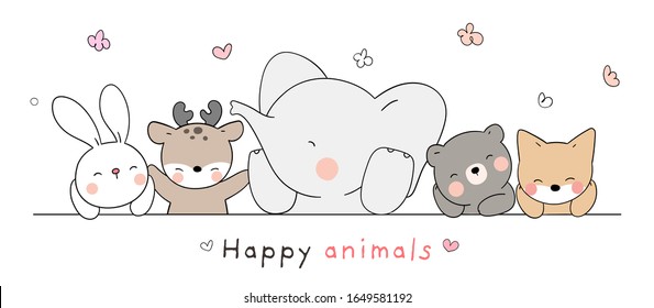 Draw character design happy animal on white.For spring.Doodle cartoon style.