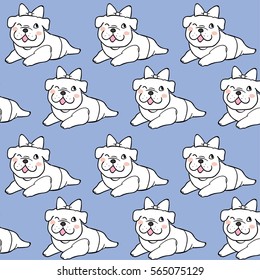 Draw character design pattern background of cute bulldog. Doodle style on blue.