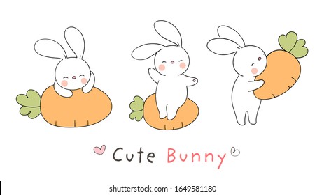 Draw character design rabbit with carrot for Easter and spring.Doodle cartoon style.