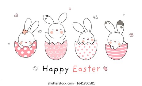 Draw character design rabbit in eggs for Easter day.Doodle cartoon style.