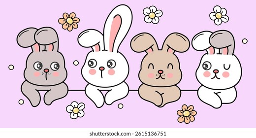 Draw character design rabbit in eggs for Easter day.  rabbit vector illustartion. spring Doodle cartoon style. Draw vector banner design cute bunny. 