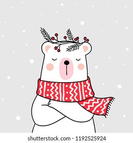 Draw character design white bear with beauty sweater in snow for winter season.Doodle cartoon style.