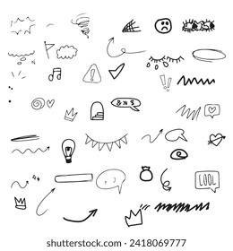 Draw charcoal pen liner doodle texture elements collection. vector illustration