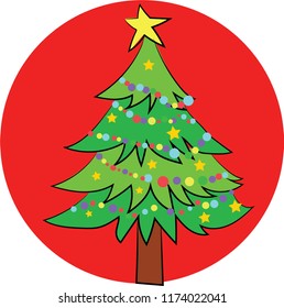 Draw christmas tree on red background with stars. Happy new year