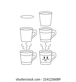 Draw a coffee mug step by step. Tutorial on drawing a coffee mug. Drawing lessons for children. Vector illustration