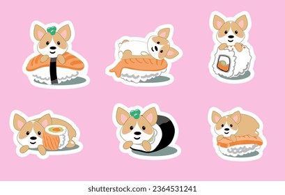 Draw collection kawaii sushi corgy dog. Doodle cartoon style