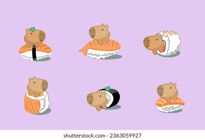 Draw collection kawaii sushi cute capybara. Doodle cartoon style