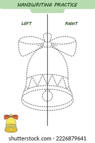 Draw and color a bell. Handwriting practice sheet for both hands, kids preschool activity, development children game, left and right hemispheres of the brain, vector illustration