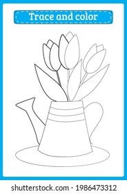Draw and color a bouquet of three tulips in a retro watering can.