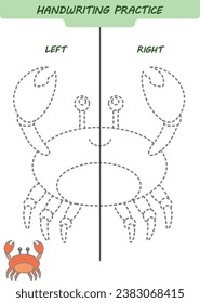 Draw and color a crab. Handwriting practice sheet for both hands, kids preschool activity, development children game, left and right hemispheres of the brain, vector illustration