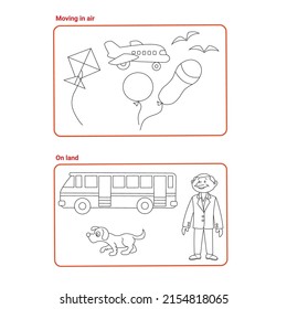 Draw and color. Kite, bus, man, dog and plane. Kids coloring page.