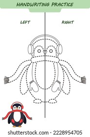 Draw and color pinguin in a scarf. Handwriting practice sheet 
for both hands, kids preschool activity, development children game, left and right hemispheres of the brain, vector illustration