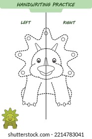 Draw and color a triceratops dinosaur. Handwriting practice sheet for both hands, kids preschool activity, development children game, left and right hemispheres of the brain
                      