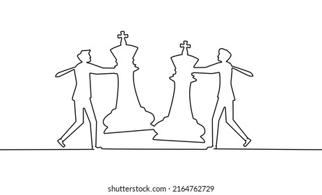 Draw a continuous line of business strategy. Businessman playing chess game. Business Concept Vector