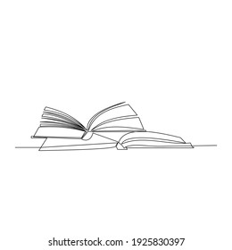 Draw a continuous line of piles of library books on the table. Business and education concepts. Vector illustration