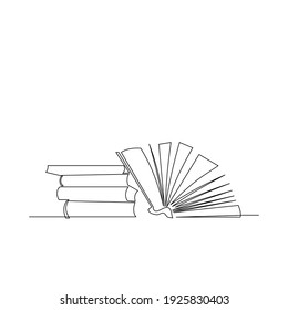 Draw a continuous line of piles of library books on the table. Business and education concepts. Vector illustration