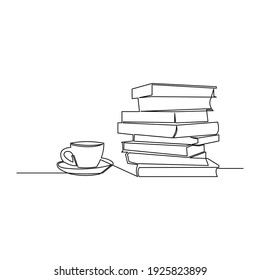 Draw a continuous line of stacks of books with a cup of coffee on top of the library table. Business and education concepts. Vector illustration