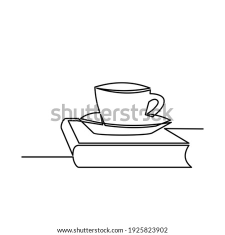 Draw a continuous line of stacks of books with a cup of coffee on top of the library table. Business and education concepts. Vector illustration