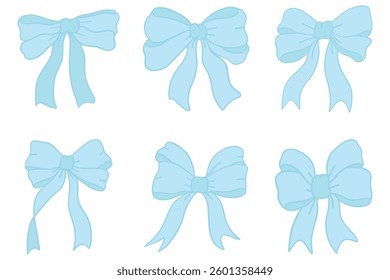 Draw coquette bow blue ribbon frame Doodle style. vector illustration