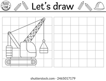 Draw the crawler crane. Vector construction site drawing practice worksheet with industrial vehicle. Printable black and white activity for kids. Copy or complete the picture coloring page with car
