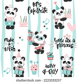 Draw cute baby pandas, cake and gift box in kawaii doodle style. Happy Birthday concept. Vector cartoon illustration seamless pattern