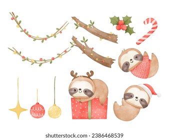Draw cute baby sloths christmas ornament For Christmas Winter Decoration greeting card Poster Planner sticker