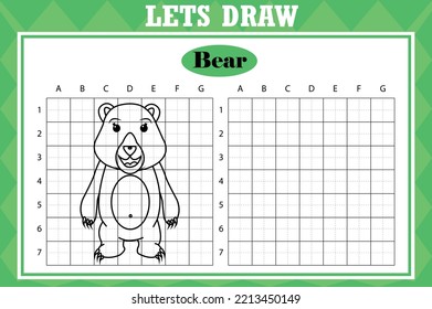 Draw cute bear. Grid copy worksheet. educational children game. Drawing activity for toddlers and kids. Vector Holiday drawing practice worksheet.