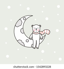 Draw Cute bear on Moon for Christmas and New Year. Vector Illustration of bear.