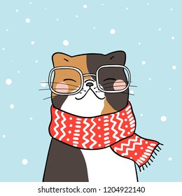 Draw cute cat with beauty scarf in snow for winter season.