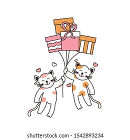 Draw Cute Cat with a gift box for christmas and new year. Vector Illustration of Cat.