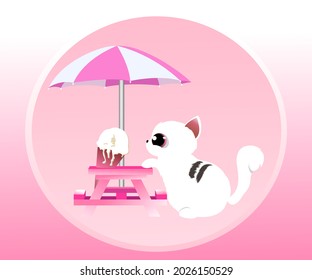 draw cute cat with vanilla ice cream on a sweet day