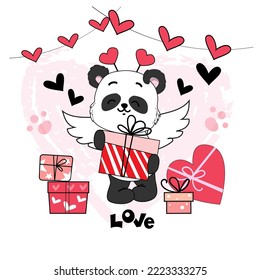 Draw cute panda with gift box in kawaii style. Valentine's Day card. Vector illustration cartoon doodle style
