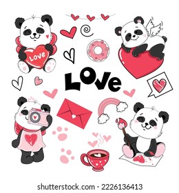 Draw cute panda set in kawaii style. Valentine's Day card. Vector illustration cartoon doodle style