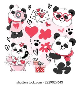 Draw cute panda set in kawaii style. Valentine's Day card. Vector illustration cartoon doodle style for children