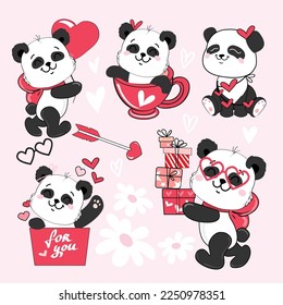 Draw cute panda set in kawaii style on a pink background. Valentine's Day card. Vector illustration cartoon doodle style
