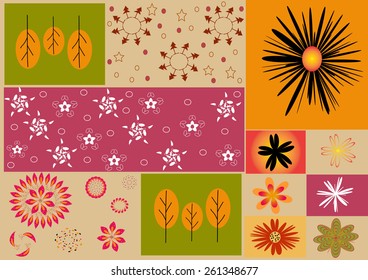 Draw a cute pattern with flowers and leaves There are bright colors as a background pattern.