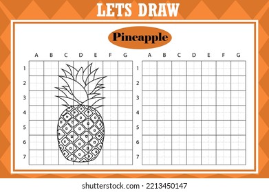 Draw cute pineapple. Grid copy worksheet. educational children game. Drawing activity for toddlers and kids. Vector Holiday drawing practice worksheet.