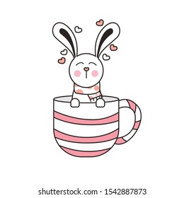 Draw Cute rabbit in cup for christmas and new year. Vector Illustration of rabbit.